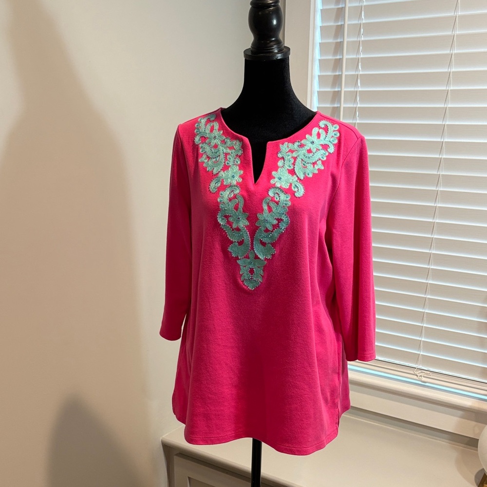 Quacker Factory Pink Tunic with turquoise Embroidery